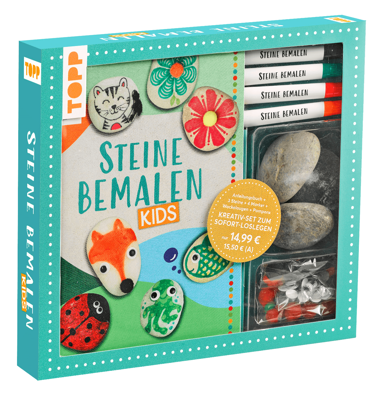 Kreativ-Set: Steine bemalen Kids mit Wackelaugen, Pompons, Anleitungsbuch & Material